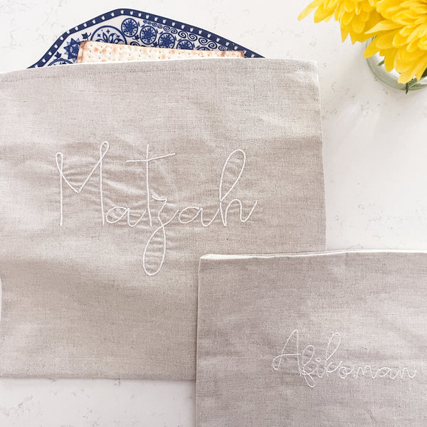 Matzah Cover, Afikoman Bag Set- Natural Linen, Peace Love Light Shop