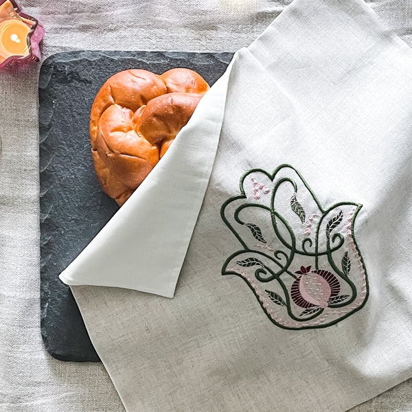Rosh Hashanah challah cover, embroidered hamsa- Peace Love Light