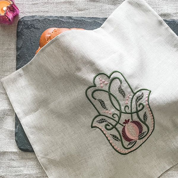 Rosh Hashanah challah cover, embroidered hamsa- Peace Love Light