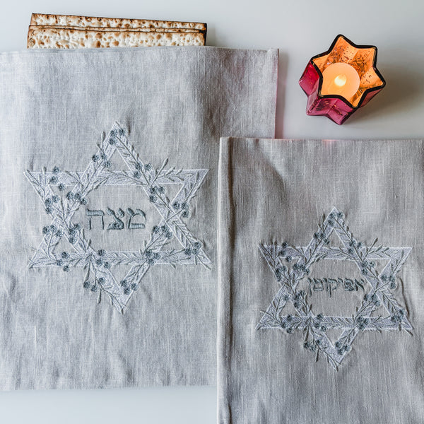 Matzah cover,afikoman bag set, Embroidered linen- Peace Love Light Shop