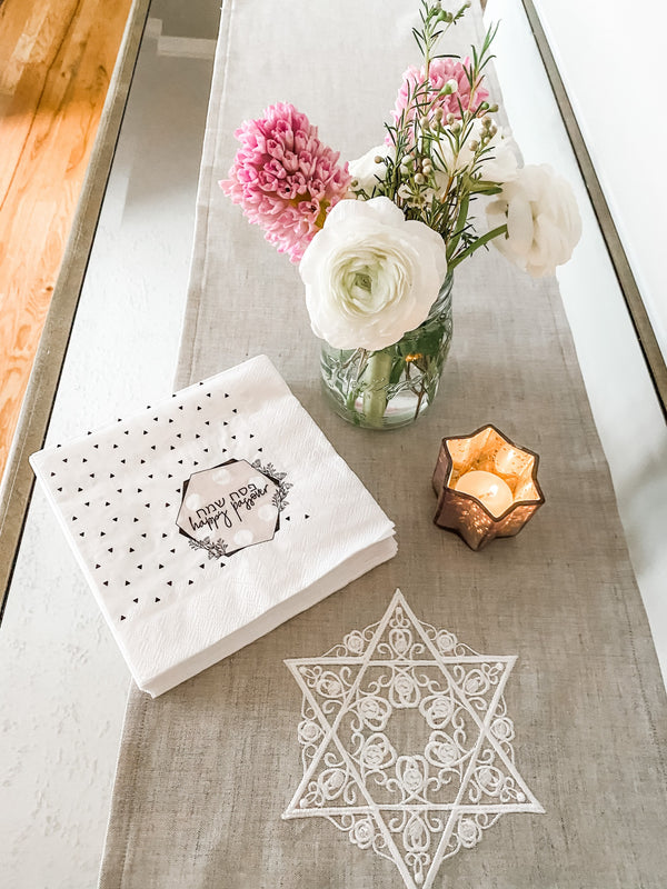 Embroidered Jewish Star Linen Runner- Natural, Passover Decoration - Peace Love Light Shop